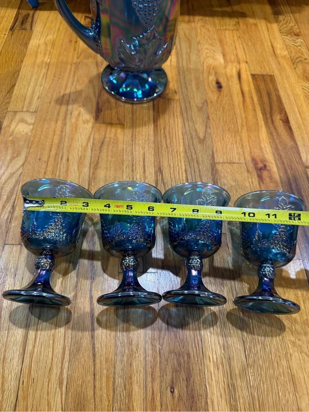 Iridescent Blue Glass Pitcher and 4 Goblets Set